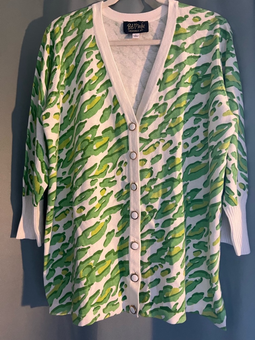 Bob Mackie Vintage Wearable Art Leopard Print Cardigan Sweater White Green L